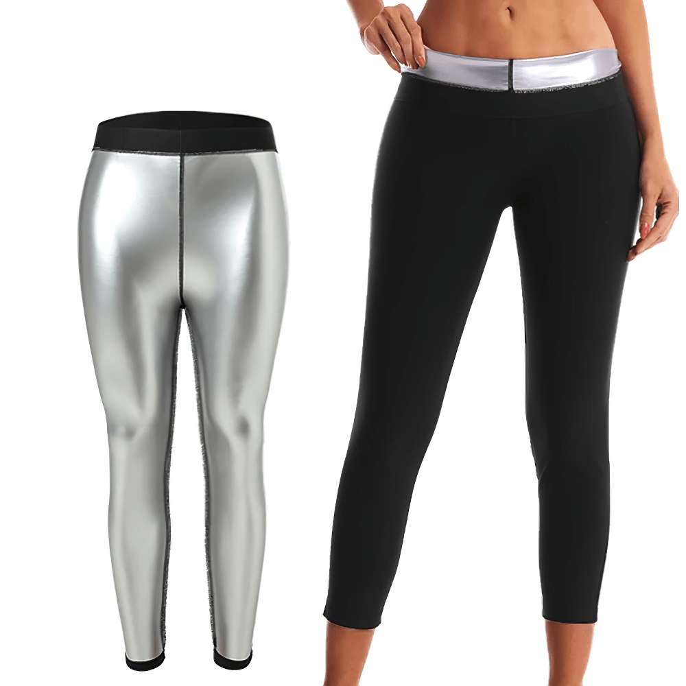 Women's sauna effect leggings in silver and black for fitness, enhancing sweat and shaping during workouts.